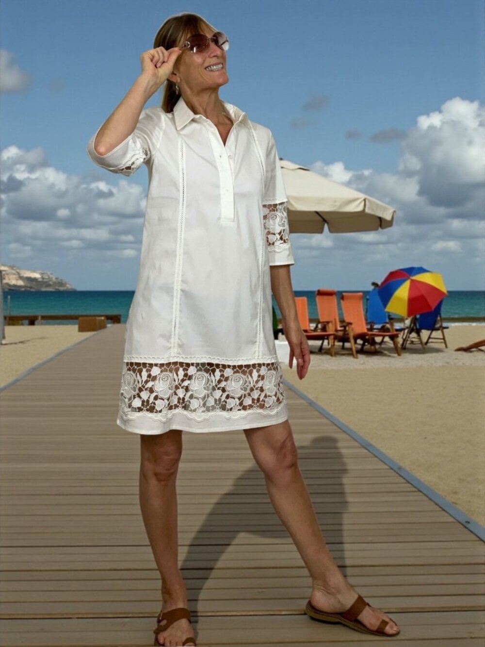 Flavio Castellani Shirt Dress 44 US 8 White Lace Trim Mini